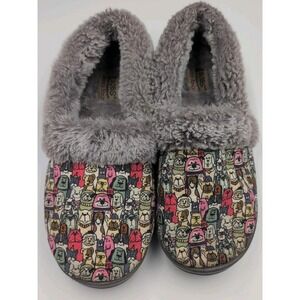 Skechers BOBS Slippers Women 7.5 Dog Print Faux Fur Lined Memory Foam Cozy